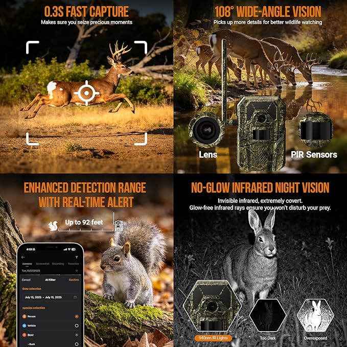MagicEagle® Cellular Trail Camera 4G Wild Game Cameras 13,000 mAh Battery Solar Panel 2K Audible Video No-Glow IR Night Vision IP66 Waterproof for Wildlife Deer Monitoring Home Security (Green)