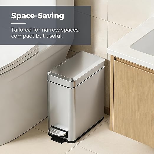 Sineng Bathroom Trash Can with Lid Soft Close, 1.6 Gallon Stainless Steel Small Pedal Garbage Can with Removable Inner Bucket, Waste Bin for Kitchen Bedroom, Compact Toilet Trash bin, White