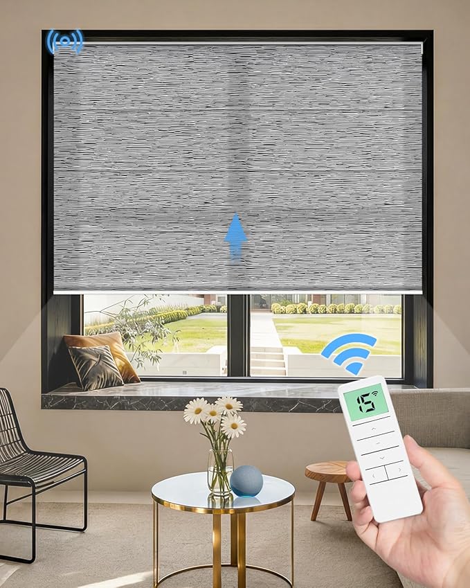 Motorized Roman Shades for Windows, Custom Light Filtering Roman Blinds with Remote, Smart Privacy Window Shades for Living Room Kitchen Office, Alexa & Google Home Compatible, App Control via RF Hub