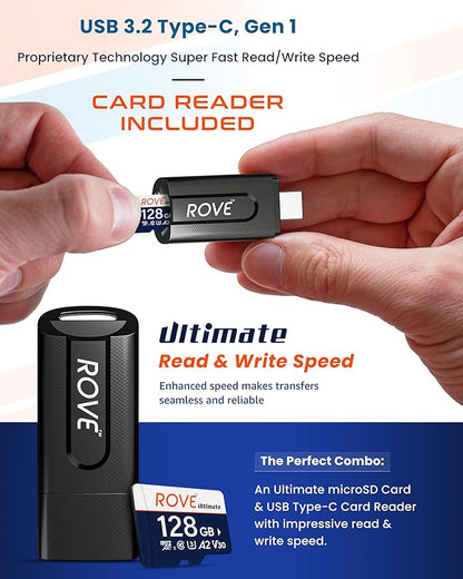 ROVE Ultimate Micro SD Card microSDXC 128GB Memory Card with USB 3.2 Type C Card Reader 170MB/s C10, U3, V30, 4K, A2 for Dash Cam, Android Smart Phones, Tablets, Games
