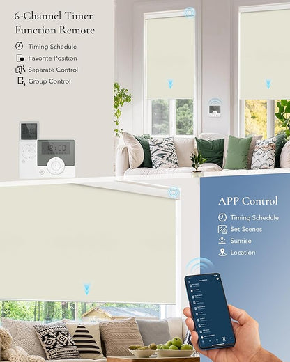 Motorized Blinds Compatible with Alexa Google Custom to 115" Width 100% Blackout Smart Blind Automatic Large Window Roller Shades Remote Control Vinyl Beige