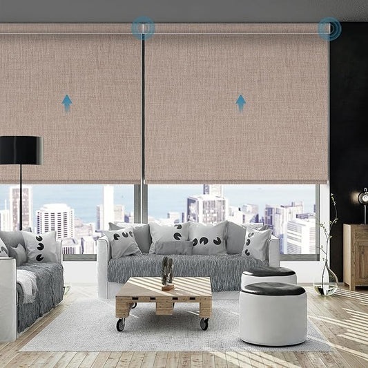 Motorized Roller Shade, 100% Blackout Smart Window Blinds Work with Homekit, Alexa, Google Home, Remote Control, Electric Blinds with USB/Solar Pannel Charging,Bouvardia Light Brown
