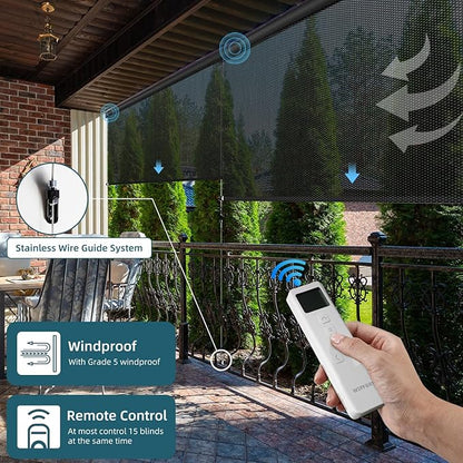 Motorized Outdoor Roller Shades,Patio Roll Up Blind Work with Alexa,Google Home,Apple Homekit,Remote Control Sun Shade,Waterproof &Windproof Smart Blinds for Porch,Sirus Black,1% openess