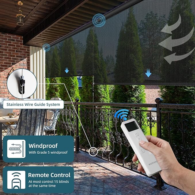Motorized Outdoor Roller Shades,Patio Roll Up Blind Work with Alexa,Google Home,Apple Homekit,Remote Control Sun Shade,Waterproof &Windproof Smart Blinds for Porch,Sirus Black,3% openess