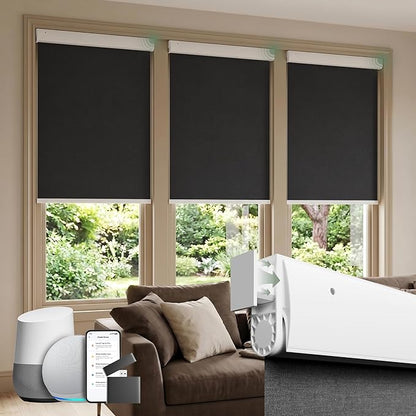 Motorized Blinds with Remote, Blackout No Drill Cordless Smart Roller Shades, Automatic Blinds for Windows, Black,30" W x 72" H