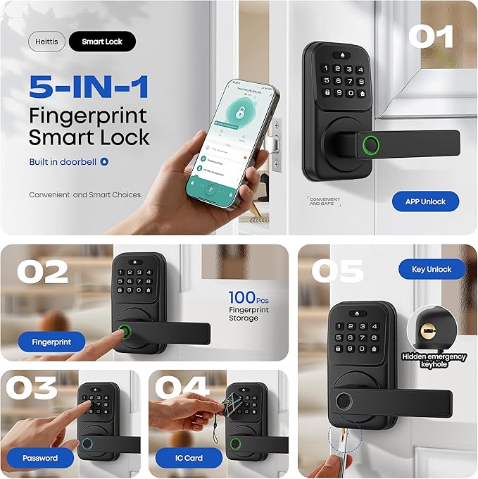 Keypad Door Lock with Handle, Heittis Smart Door Handle Lock - Keyless Entry Electronic Digital Lock with Code for Front Door (Black
