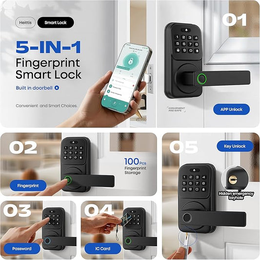 Keypad Door Lock with Handle, Heittis Smart Door Handle Lock - Keyless Entry Electronic Digital Lock with Code for Front Door (Black