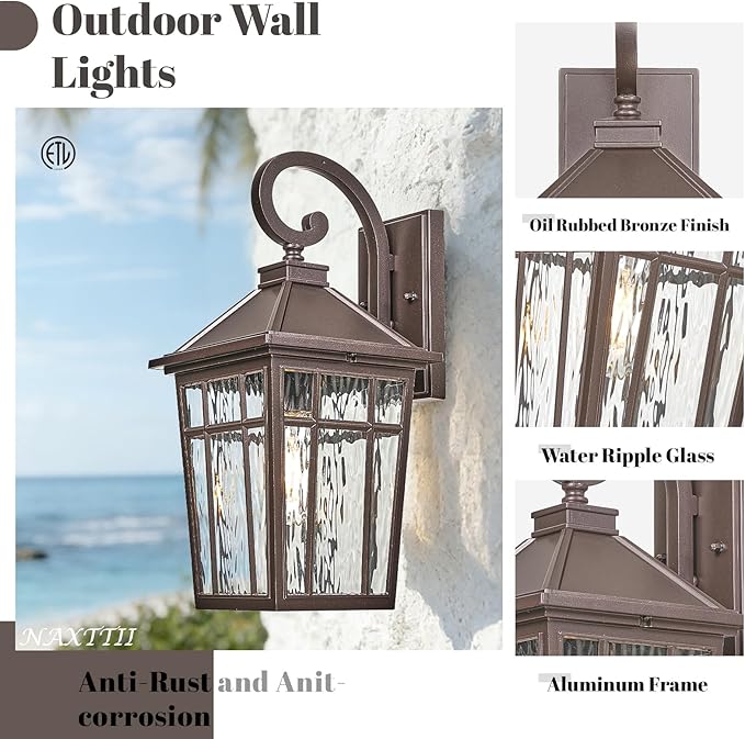 Porch Lights Outdoor 14 Inch Height Exterior Lighting Fixtures ORB Finish and Water Ripple Glass Outside Lights for House Garage and Garden E26 Socket