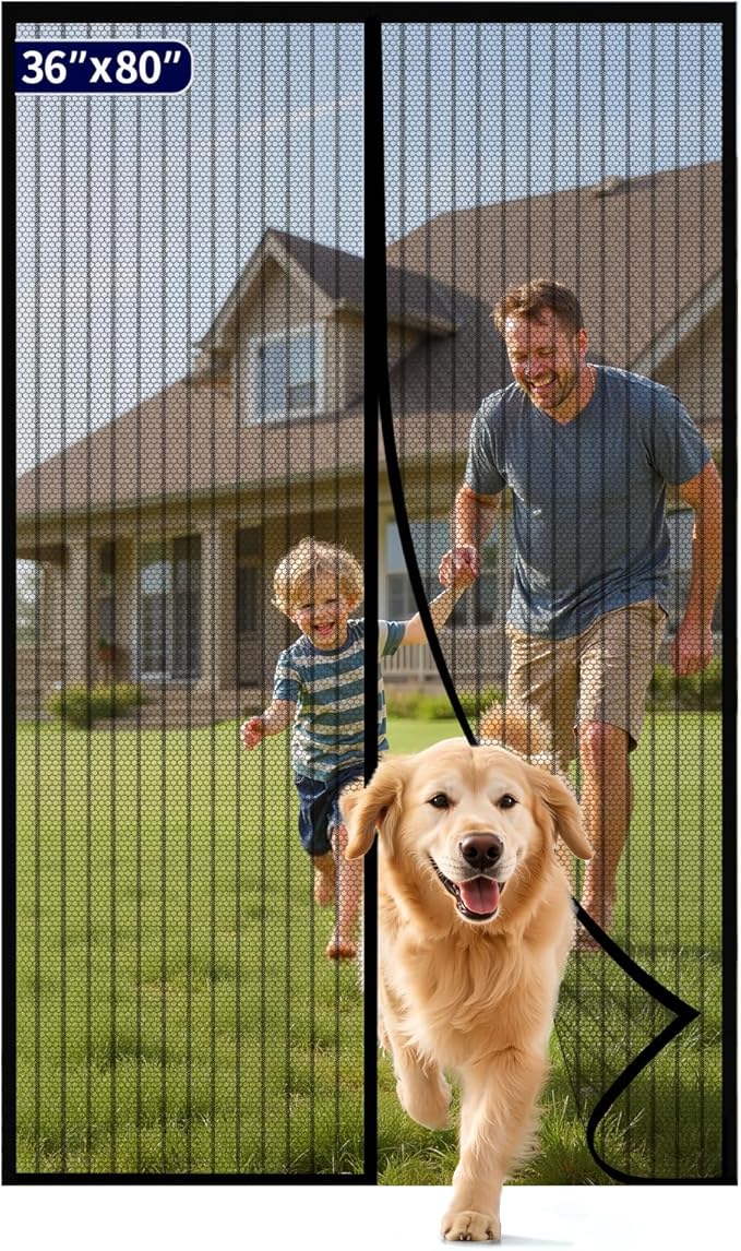 Kitsure Magnetic Screen Door - 36.0 x 80.0 in Retractable Screen Door Mesh for Front Door or Sliding Door, Pet & Kid Friendly, Hands-Free Closure Keeps Bugs Out & Lets Breeze in, Stripe Black