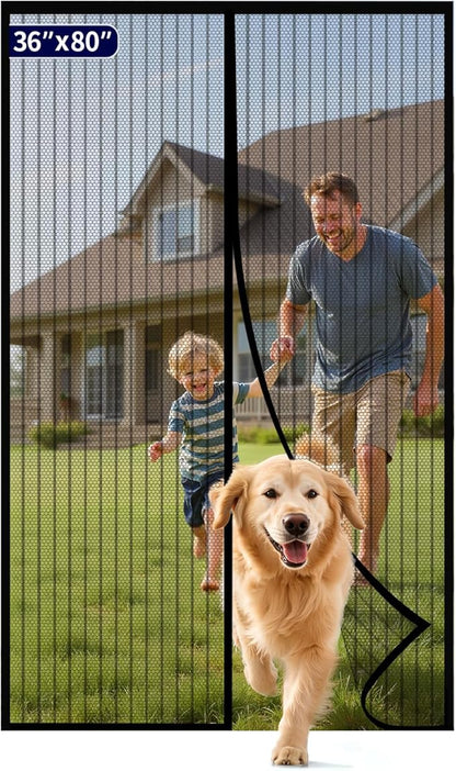 Kitsure Magnetic Screen Door - 36.0 x 80.0 in Retractable Screen Door Mesh for Front Door or Sliding Door, Pet & Kid Friendly, Hands-Free Closure Keeps Bugs Out & Lets Breeze in, Stripe Black