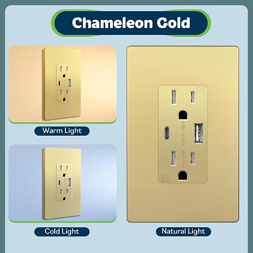 TOPGREENER USB Outlet, 4.2A Type C & Type A Wall Outlet, Gold, 1 Pack | 15 Amp Tamper Resistant Receptacle Plug, Charging Power Outlet with USB Ports, USB Receptacle, UL Listed, TU21536AC-GD