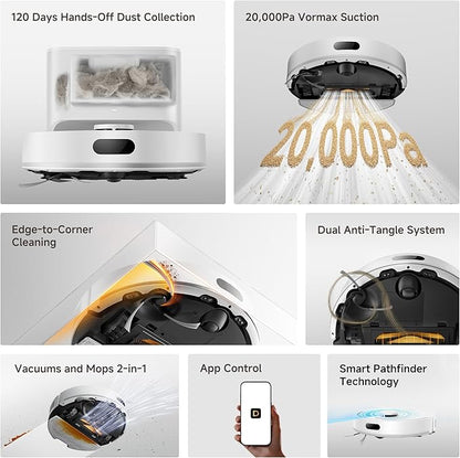 DREAME D20 Air Plus Robot Vac and Mop Combo with 20,000Pa Suction, Anti-Tangling Tech, Auto-Emptying Dock, Deep Carpet Cleaning and Smart Navigation White