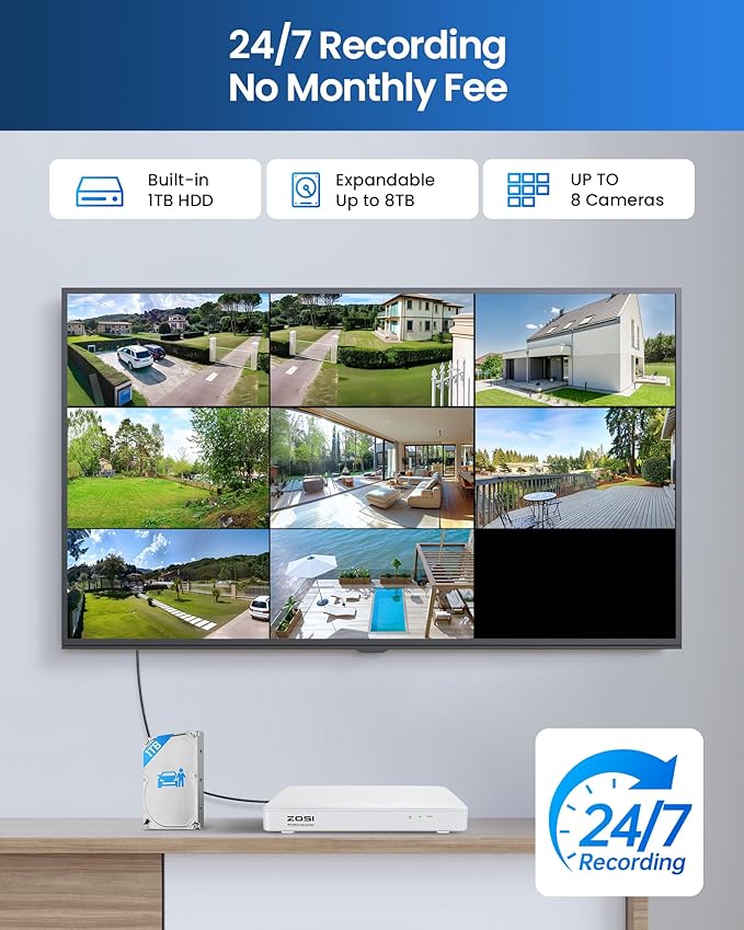ZOSI 8CH 1080p Home Security Camera System with Audio, AI Person Vehicle Detection, 4pcs Outdoor Indoor Wired Cameras, Night Vision, H.265+ 8 Channel DVR with 1TB HDD, 24/7 Recording, No Monthly Fees