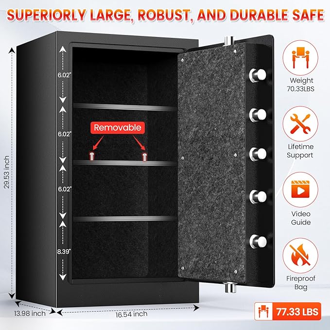 [𝟐𝟎𝟐𝟔 𝟑𝟓-𝐌𝐢𝐧 𝟏𝟕𝟎𝟎°𝐅] Fireproof Safe for Home, Money Safe for Cash,70 Lbs Heavy Duty Fire Proof safes for Home Use, Wall Mounted Jewelry Safes with Sensor LED Light and Alarm System