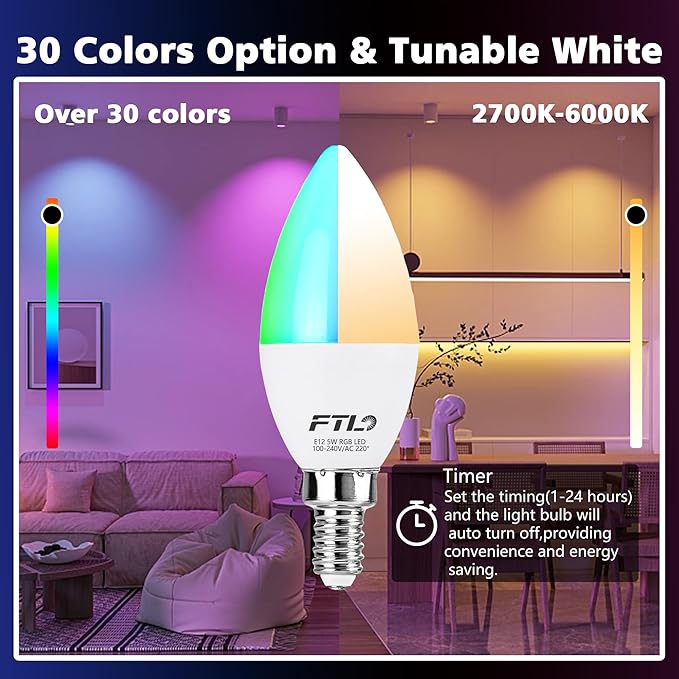 FTL E12 LED Color Changing Candelabra Light Bulb with Remote Control,5W 40W Equivalent,2700K-6000K Colored Light Bulbs, Dimmable 30 Colors B11 RGB Candle Light Bulbs for Chandelier Lighting, 6-Pack