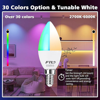 FTL E12 LED Color Changing Candelabra Light Bulb with Remote Control,5W 40W Equivalent,2700K-6000K Colored Light Bulbs, Dimmable 30 Colors B11 RGB Candle Light Bulbs for Chandelier Lighting, 6-Pack