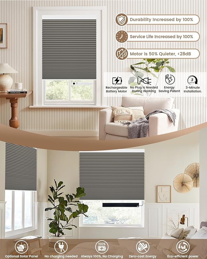 Kincmo Motorized Cellular Shades, Custom Motorized Blinds with Remote, Cordless Smart Electric Honeycomb Blinds Work with Apple HomeKit, Alexa, Google (100%-Blackout-Single-Cell Grey)