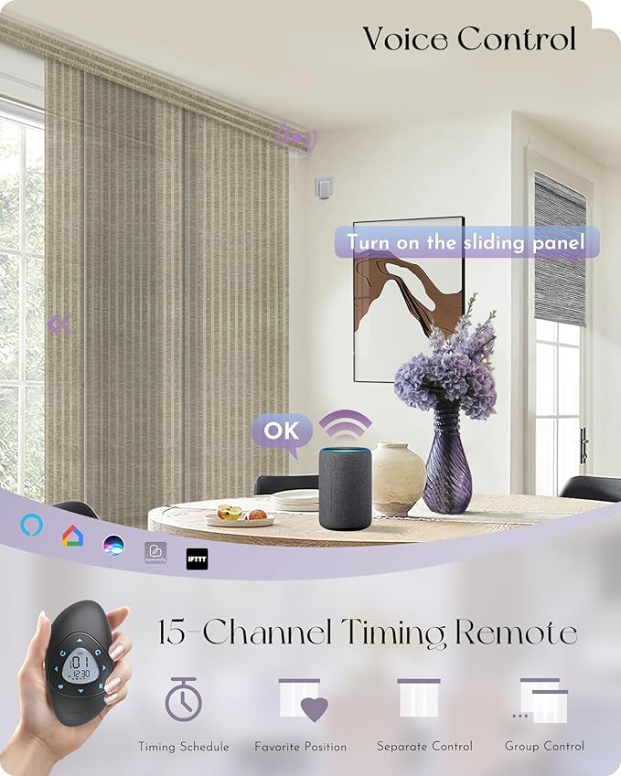 Graywind Motorized Natural Sliding Panel Blinds Compatible with Alexa Google Light Filtering Smart Custom Panel Track Blinds for Patio Sliding Door (Wheat)