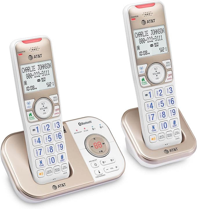 AT&T BL3112-2 2-Handset DECT 6.0 Cordless Phone for Home with Bluetooth Connect to Cell, Smart Call Blocker, Answering Machine, Caller ID, Expandable up to 5 Handsets, Champagne Gold/White