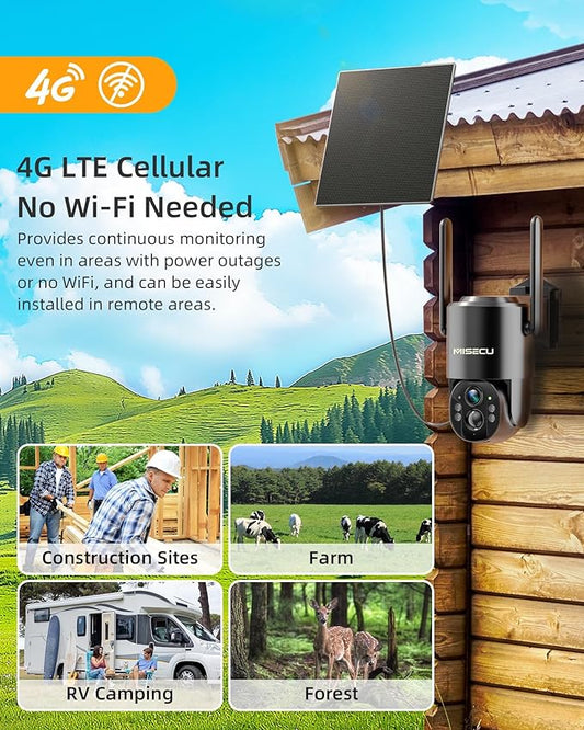 MISECU 4G LTE Cellular Security Camera, 2.5K Solar Outdoor Cam Wireless Without WiFi Needed, 360° PTZ Live View Off Grid Camera, AI Motion Detection, Color Night Vision, Local/Cloud Storage