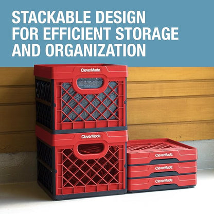 CleverMade Collapsible Milk Crate, Red, 1PK - 25L (6 Gal) Stackable Storage Bins, Holds 50lbs Per Bin - Clevercrates are Heavy Duty, Plastic Collapsible Storage Crate for Multi Purposes | Organize Files, Groceries, and Gear in One Crate | Built-In Rail...