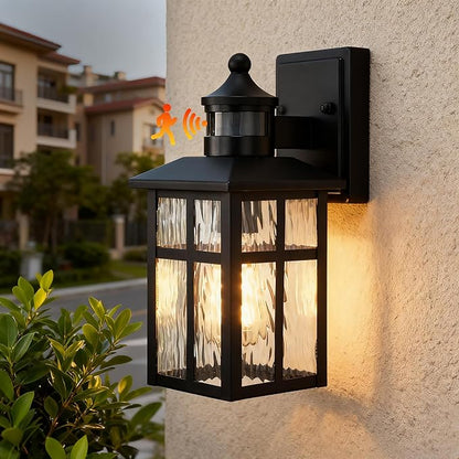 Edvivi Outdoor Wall Lights Exterior, Dusk to Dawn Motion Sensor Outdoor Lighting Fixture with Water Glass, 12 in. H 1-Light Matte Black Waterproof Wall Lantern Light for Patio Garden Garage Entryway