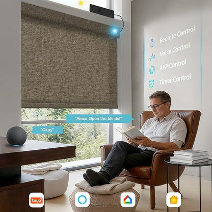 BERISSA Smart Motorized Blinds with Remote,No Drill Automatic Roller Blinds for Indoor Windows,Light Filtering Linen Fabric,Electric Shades for Windows Home Office,Filter Linen Brown,Custom Size