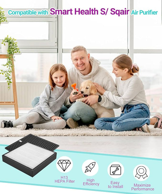 S Filter Replacement Compatible with Smart Health/Sqair Air Purifier, 3-in-1 Filtration with Activated Carbon Filter