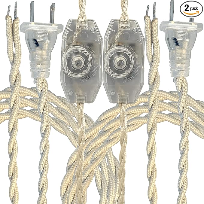 Royal Designs, Inc. 8Ft Twisted Rayon Lamp Cord with NEMA-15P Plug, Rotary Dimmer Switch, Stripped Ends Ready for Wiring, SPT-1 UL Listed, Off-White - Pack of 2