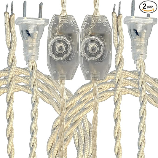 Royal Designs, Inc. 8Ft Twisted Rayon Lamp Cord with NEMA-15P Plug, Rotary Dimmer Switch, Stripped Ends Ready for Wiring, SPT-1 UL Listed, Off-White - Pack of 2