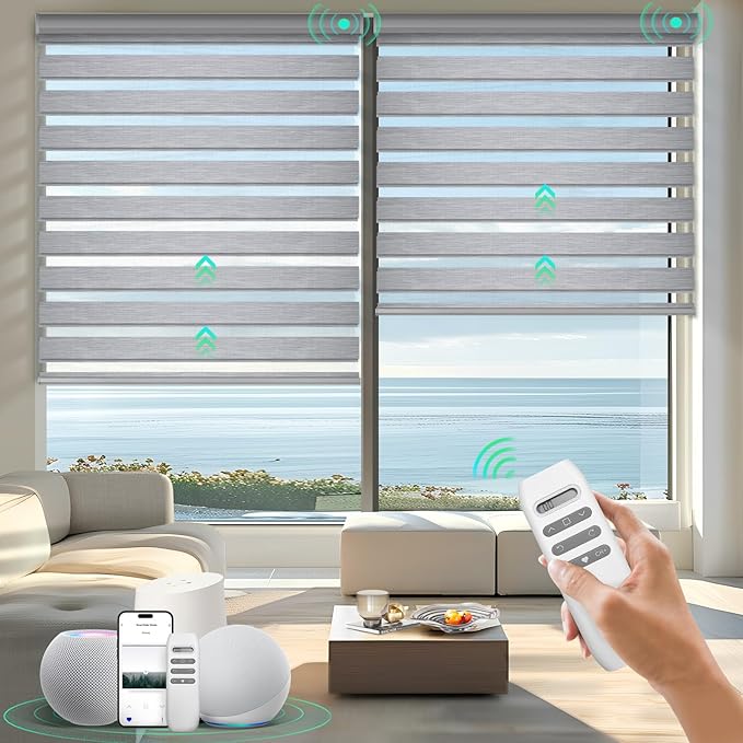 HeyBlinds Motorized Zebra Blinds with Remote, Smart Cordless Electric Zebra Shades for Indoor Windows Compatible with Alexa Google & Homekit, Custom Size (Flourish-Gray BO)