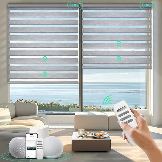 HeyBlinds Motorized Zebra Blinds with Remote, Smart Cordless Electric Zebra Shades for Indoor Windows Compatible with Alexa Google & Homekit, Custom Size (Flourish-Gray BO)