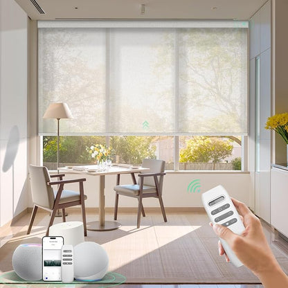 HeyBlinds Motorized Solar Shades with Remote, Light Filtering Mesh Roller Shades, Flame Retardant Smart Blinds, UV Blocking, Alexa Google HomeKit Compatible, Custom Size (Vintage Ivory-8% Openness)