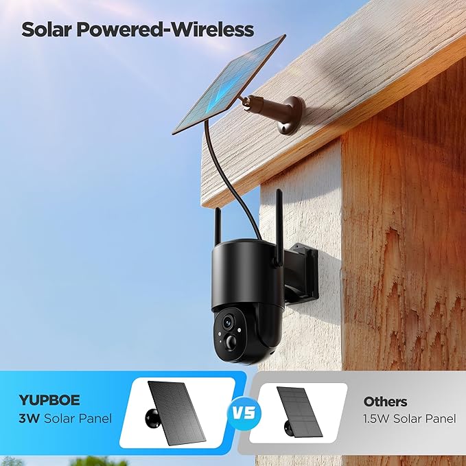 YUPBOE Security Cameras Wireless Outdoor Solar: Battery Cameras for Home Security WiFi Camera Outdoor Surveillance Camera PTZ 360° CCTV Cam System with Floodlight Color Night Vision PIR Sensor