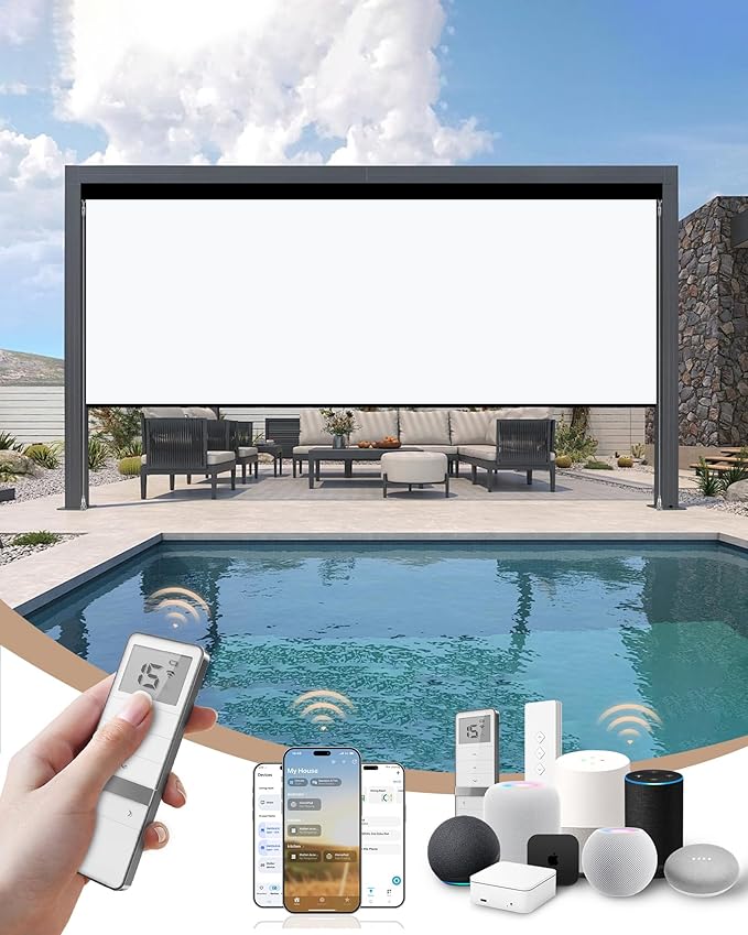 Kincmo Motorized Outdoor Shades for Patio Porch, Custom Outdoor Motorized Blinds with Remote, Waterproof & Windproof Patio Shades Work with Apple Home,Alexa,Google (0% Openness White)