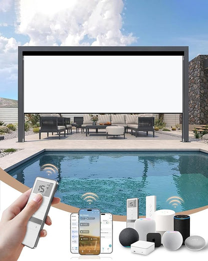 Kincmo Motorized Outdoor Shades for Patio Porch, Custom Outdoor Motorized Blinds with Remote, Waterproof & Windproof Patio Shades Work with Apple Home,Alexa,Google (0% Openness White)