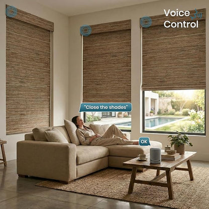 Motorized Roman Woven Woods Shades Work with HomeKit/Alexa/Google Home, Cordless Motorized Roman Shades,Electric Roman Blinds Custom Size,Crocheting Chestnut