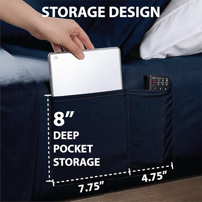 Swift Home Smart Sheets, Ultra Soft Brushed Microfiber 4-Piece Sheet Set, Fitted Bed Sheet with Side Storage Pockets – Navy, Full