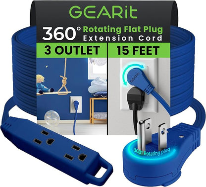 GEARit 15 ft 360° Rotating Flat Plug Extension Cord, 3 Outlet Low Profile Power Cord, 16 AWG 13A 3 Prong Grounded Indoor Cord, ETL Listed, Space-Saving for Furniture, Navy