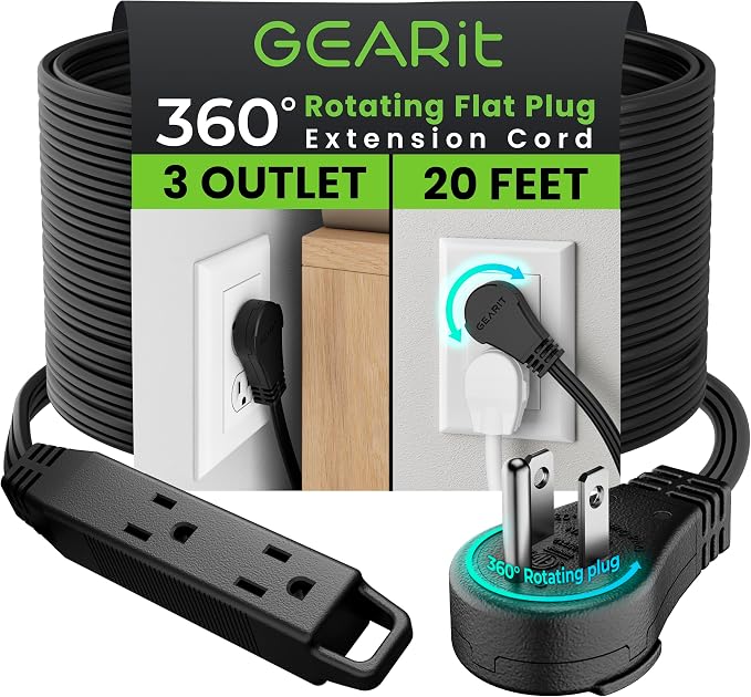 GEARit 20 ft 360° Rotating Flat Plug Extension Cord, 3 Outlet Low Profile Power Cord, 16 AWG 13A 3 Prong Grounded Indoor Cord, ETL Listed, Space-Saving for Furniture, Black