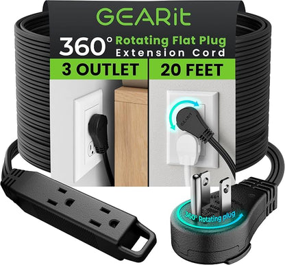 GEARit 20 ft 360° Rotating Flat Plug Extension Cord, 3 Outlet Low Profile Power Cord, 16 AWG 13A 3 Prong Grounded Indoor Cord, ETL Listed, Space-Saving for Furniture, Black