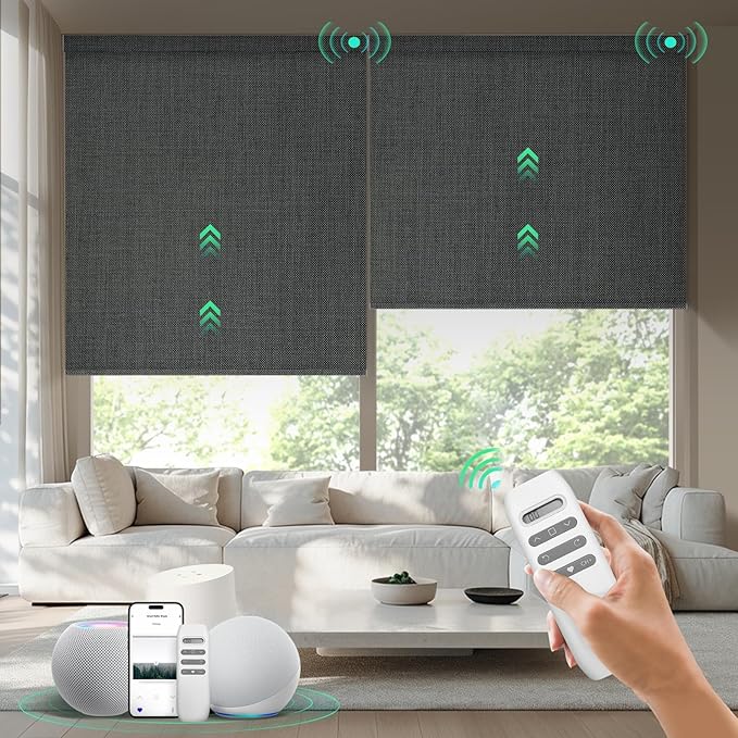 HeyBlinds Motorized Blinds with Remote, 100% Blackout Smart Blinds, Automatic Shades for Windows Compatible with Alexa Google and Homekit, Custom Size(Manner-Smoky Grey BO)