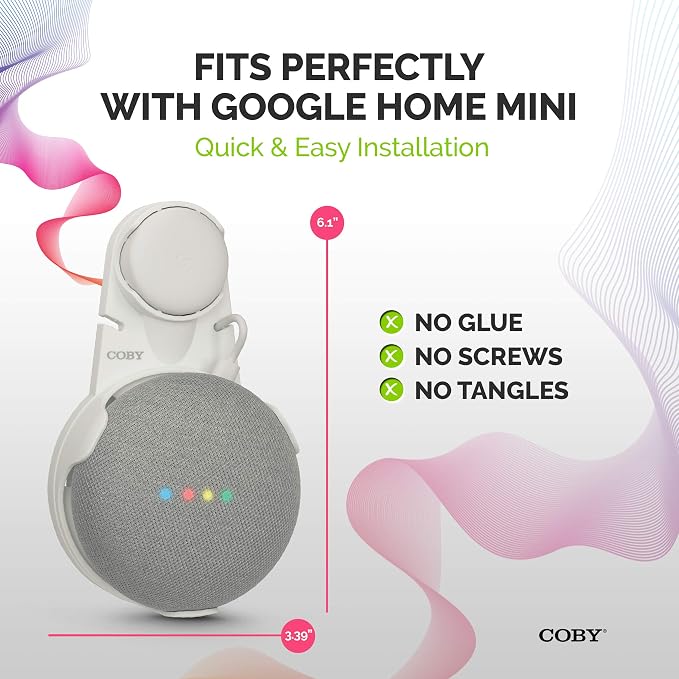 Coby Wall-Outlet Smart Speaker Mount, Outlet Shelf with Cable Management, No-Screw Holder Compatible with Google Home Mini 1st & 2nd Gen, Space-Saving Wall Mount, White