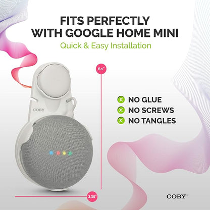 Coby Wall-Outlet Smart Speaker Mount, Outlet Shelf with Cable Management, No-Screw Holder Compatible with Google Home Mini 1st & 2nd Gen, Space-Saving Wall Mount, White