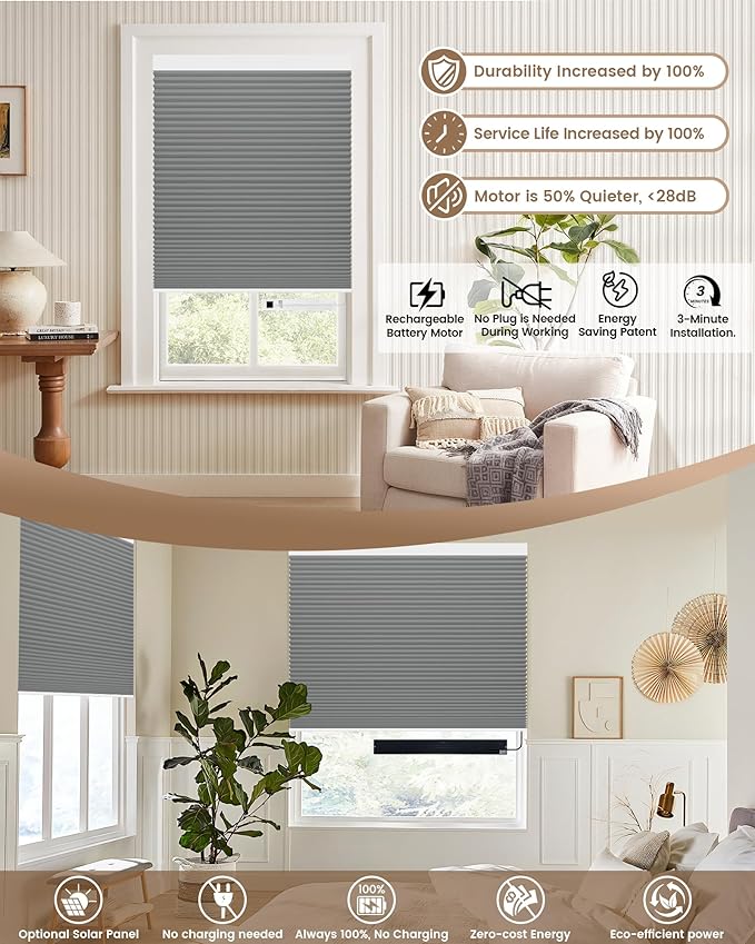 Kincmo Motorized Cellular Shades, Custom Motorized Blinds with Remote, Cordless Smart Electric Honeycomb Blinds Work with Apple HomeKit, Alexa, Google (100%-Blackout-Double-Cell Dark Grey)