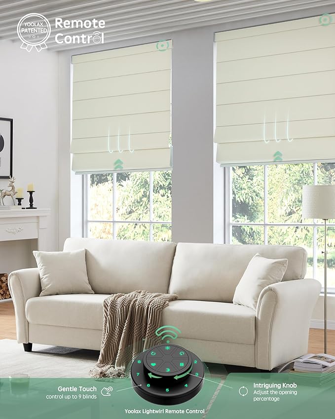 Yoolax Motorized Roman Shades with Remote, Smart Roman Shades for Indoor Windows, Blackout Automatic Blinds Work with Alexa, Google, Apple Homekit for Living Room Bedroom, Customized (Woven Beige)