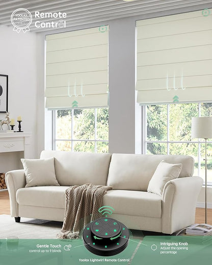 Yoolax Motorized Roman Shades with Remote, Smart Roman Shades for Indoor Windows, Blackout Automatic Blinds Work with Alexa, Google, Apple Homekit for Living Room Bedroom, Customized (Woven Beige)