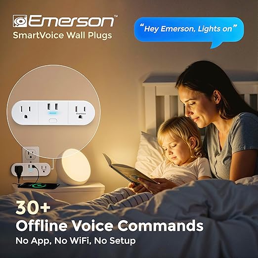 Emerson SmartVoice 4-in-1 Dual Wall Plug, Offline 30+ Voice Control Commands, No APP, No WiFi, No Setup, Smart Outlet w/ 2 AC Outlets, 2 USB-A Ports, Sleep & Wake Timer, ETL Listed