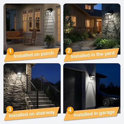 LIT-PaTH Outdoor LED Wall Lantern, Wall Sconce as Porch Lighting Fixture, 5000K Daylight White, 9.5W 800 Lumen, Aluminum Housing Plus Glass, Black Finish, 2-Pack