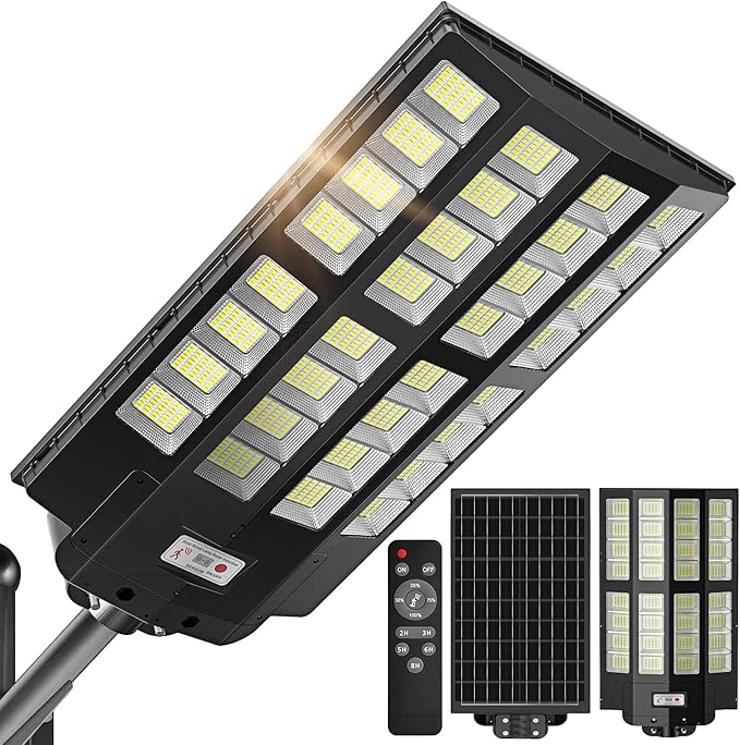 OKPRO 9000W Solar Street Lights Outdoor, IP66 Waterproof Commercial Solar Powered Flood Light with Motion Sensor & Remote, Dusk to Dawn Security Lighting for Yard, Farm, Parking Lot, Garage, Fence
